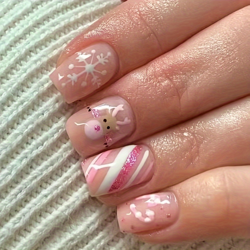 

Festive Pink Christmas Short Square Nails - Animal & Holiday Element Press-on Artificial Nails With Shiny Finish