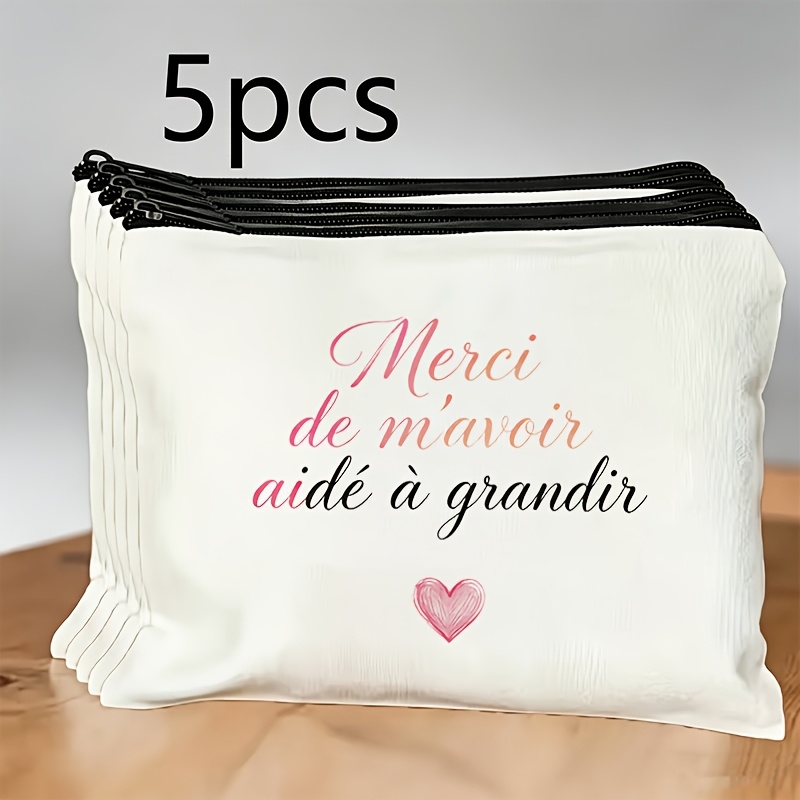 TEMU Lot de 5 trousses de maquillage et de toilette avec imprimé manuscrit français « 'avoir Aidé À » adapté à différents groupes d'âge - Pochette à