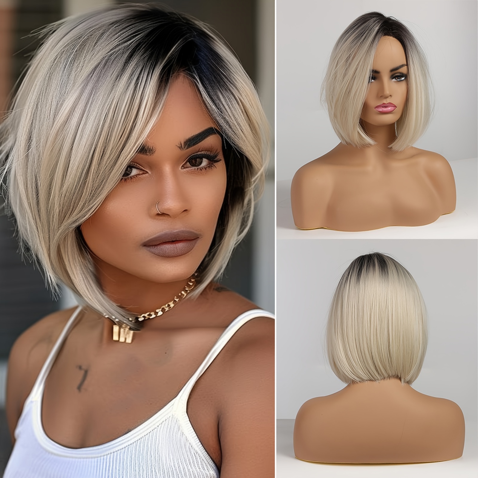 

Chic Platinum Ombre Short Bob Wig For Women - Matte Finish, Heat Resistant Synthetic Hair With Breathable Rose Net Cap