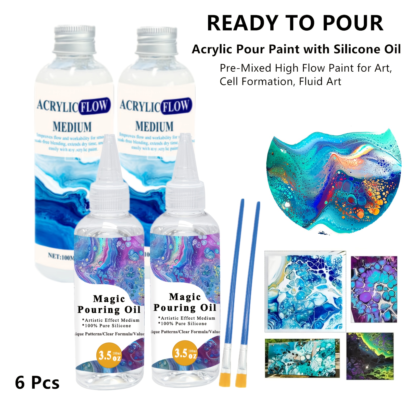 TEMU 3/6pcs Included Premixed Acrylic Pour Paint 3.53oz/100ml 2pcss With 1pc Brush, Medium Premium 100ml/3.5oz Acrylic 4pcs With 2pcs Brush, Pouring