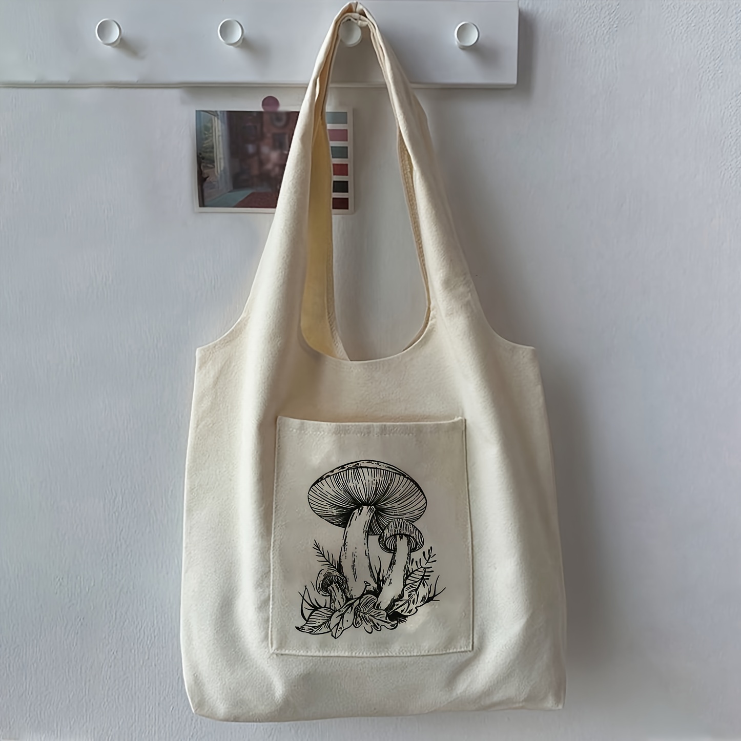 

Stylish Mushroom Print Canvas Tote Bag - Spacious, Lightweight, And Shoulder Handbag For Women With Adjustable Straps And Inner Pockets - Perfect Gift Idea For