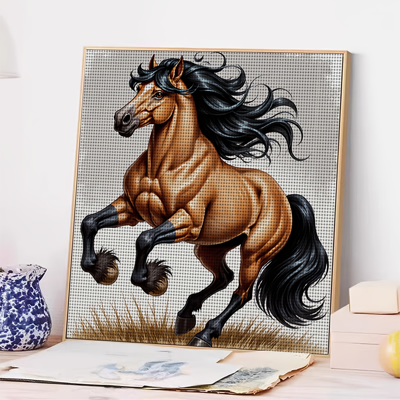 Cross Stitch Printed Kit, Brown Horse Galloping Design
