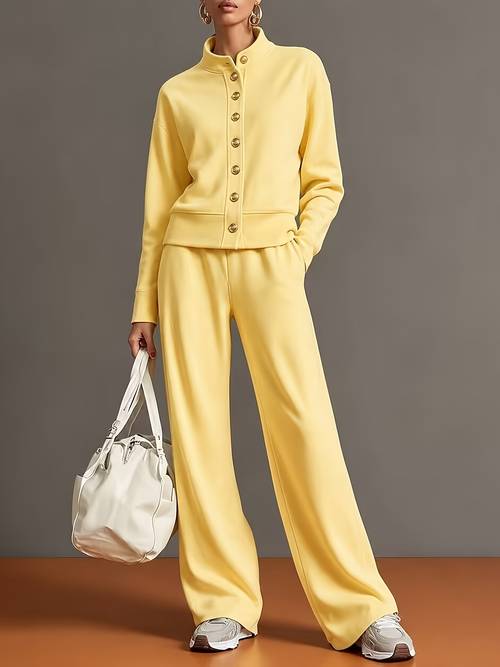 item picture new arrival womens solid color stand collar zip up sweatshirt wide leg pants set