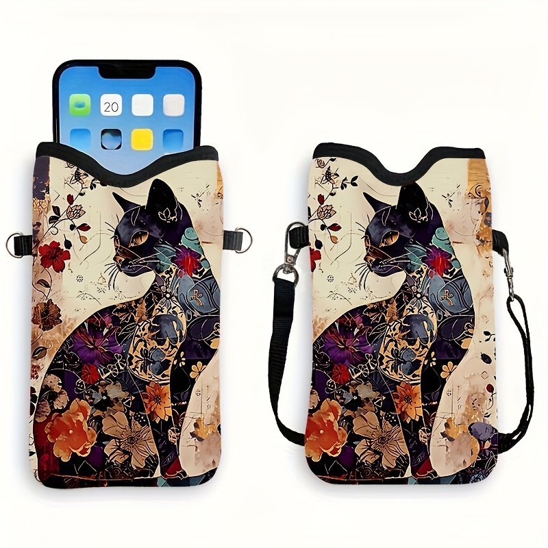 

Cat And Floral Print Pattern Artificial Leather Phone Pouch, Waterproof And Shockproof With Adjustable Lanyard, Compatible With Multiple Models -