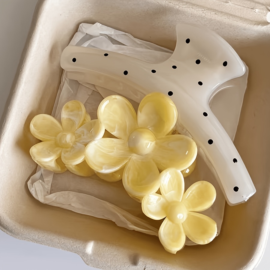TEMU 2pcs Custard Yellow Smudged Three-flower Claw Clips, Polka Dot Shark Clips, Gentle Atmosphere Hair Clips, Back-of-head Updo Styling Tool,