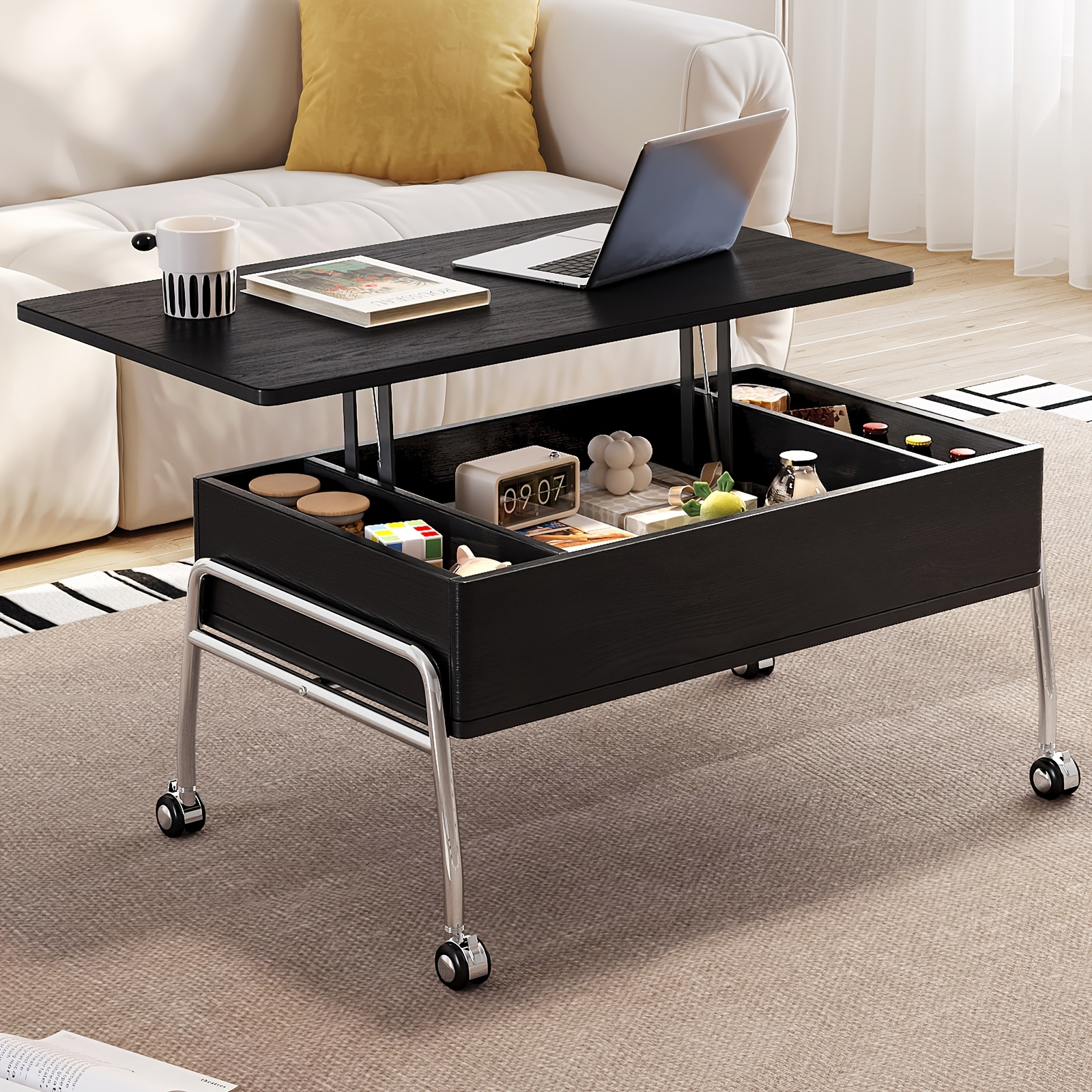Black Mobile Lift Coffee Table, Center Table For Living Room With Storage, Adjustable Height, Sofa Table On Wheels, Laptop Table, Space- Indoor Table, Sturdy Metal Legs