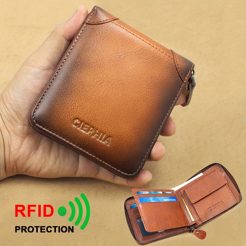 

Men Genuine Leather Zipper Wallet Rfid Blocking Large Capacity Double Fold Multi-card Top Layer Leather Wallets For Men And Coin Purse