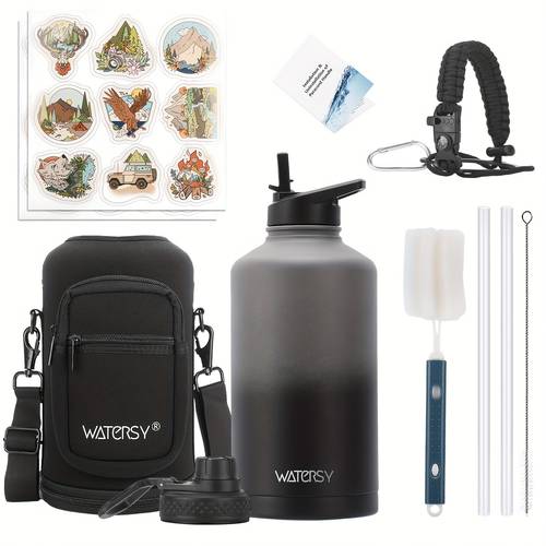 1pc 32oz 40oz 64oz 87oz 128 oz gallon water bottle insulated with straw 2 lids water jug large stainless steel metal vacuum wide mouth for sports gym or office 48h hot 24h