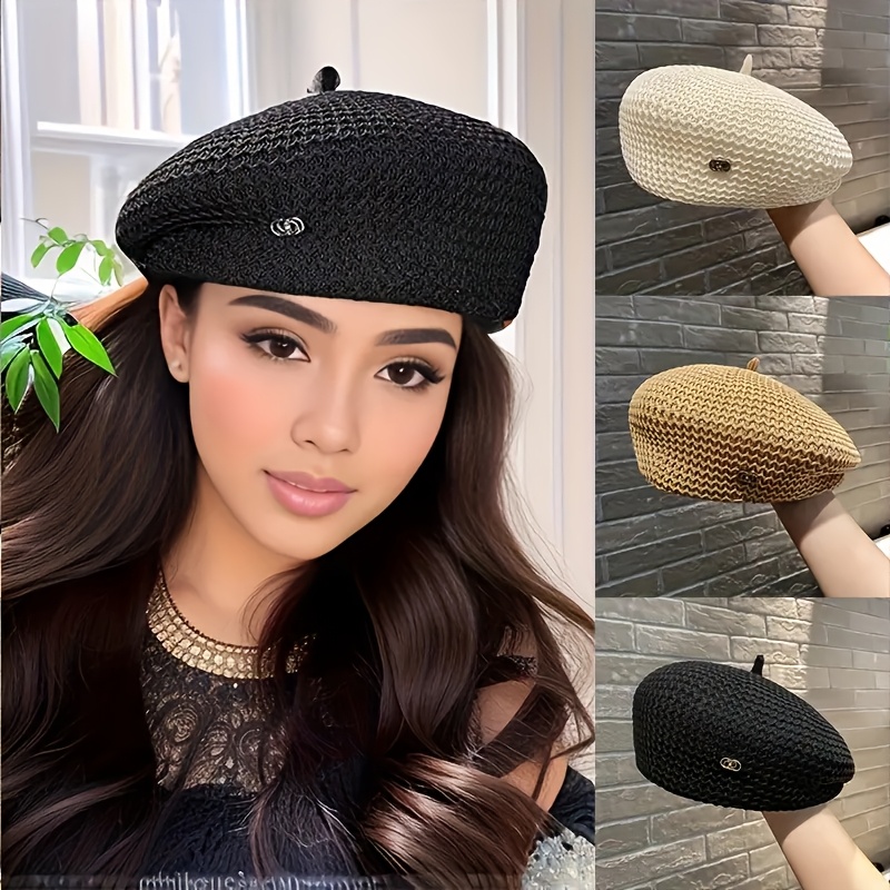 

1pc Metal Decorative Mesh Solid Breathable Beret Fashion Leisure Hollow-out Painter's Hat Outdoor Sports Shopping Travel Fitted Woven Newsboy Cap