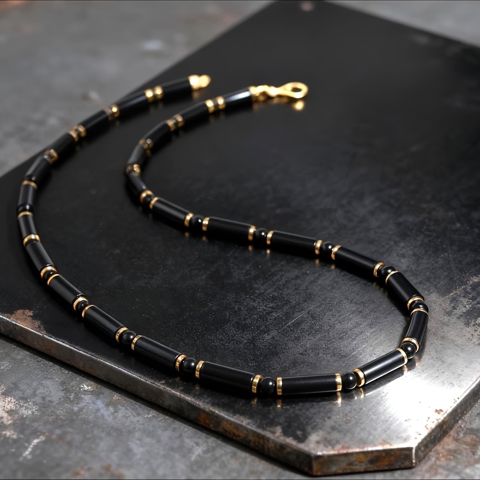 TEMU 1pc Minimalist Men's Black Agate Tube Bead Necklace, Short Choker With Golden Accent, Versatile Summer Accessory, 's Jewelry Gift For Casual &