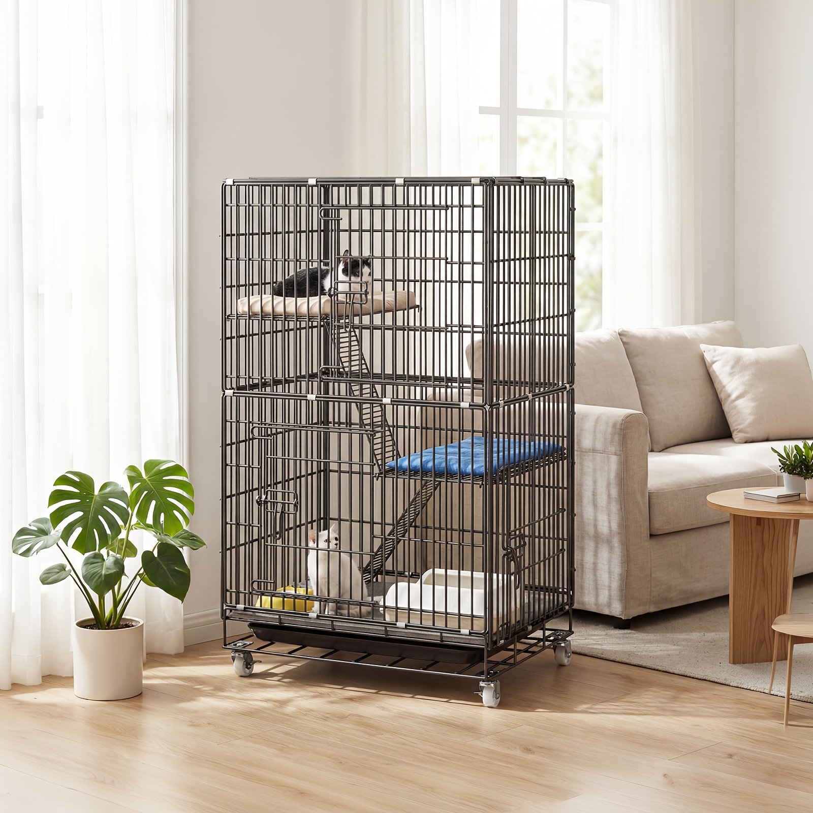 Image of Three-tiered Cat Villa, Spacious Cat Cage, Multi-functional Partitions, Resting And Climbing Areas, Wheeled For Stability And Anti-sway, Removable Chassis For , Luxury Pet Cage.