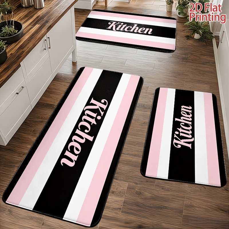 TEMU 1pc 2d Flat Printed Mat, Premium Pink And Black Striped Kitchen Mat, -washable Mat With Dotted Plastic Anti-slip Backing, 0.392 Inches Thick,