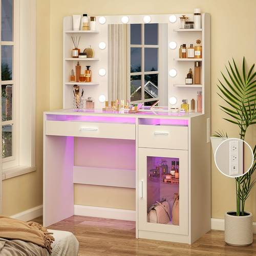 1pc vanity desk with and lights makeup vanity desk with lights 3 colors valentines day gift glass top vanity with 2 drawers 6 shelves large glass cabinet power outlet for bedroom white heavy duty dresser