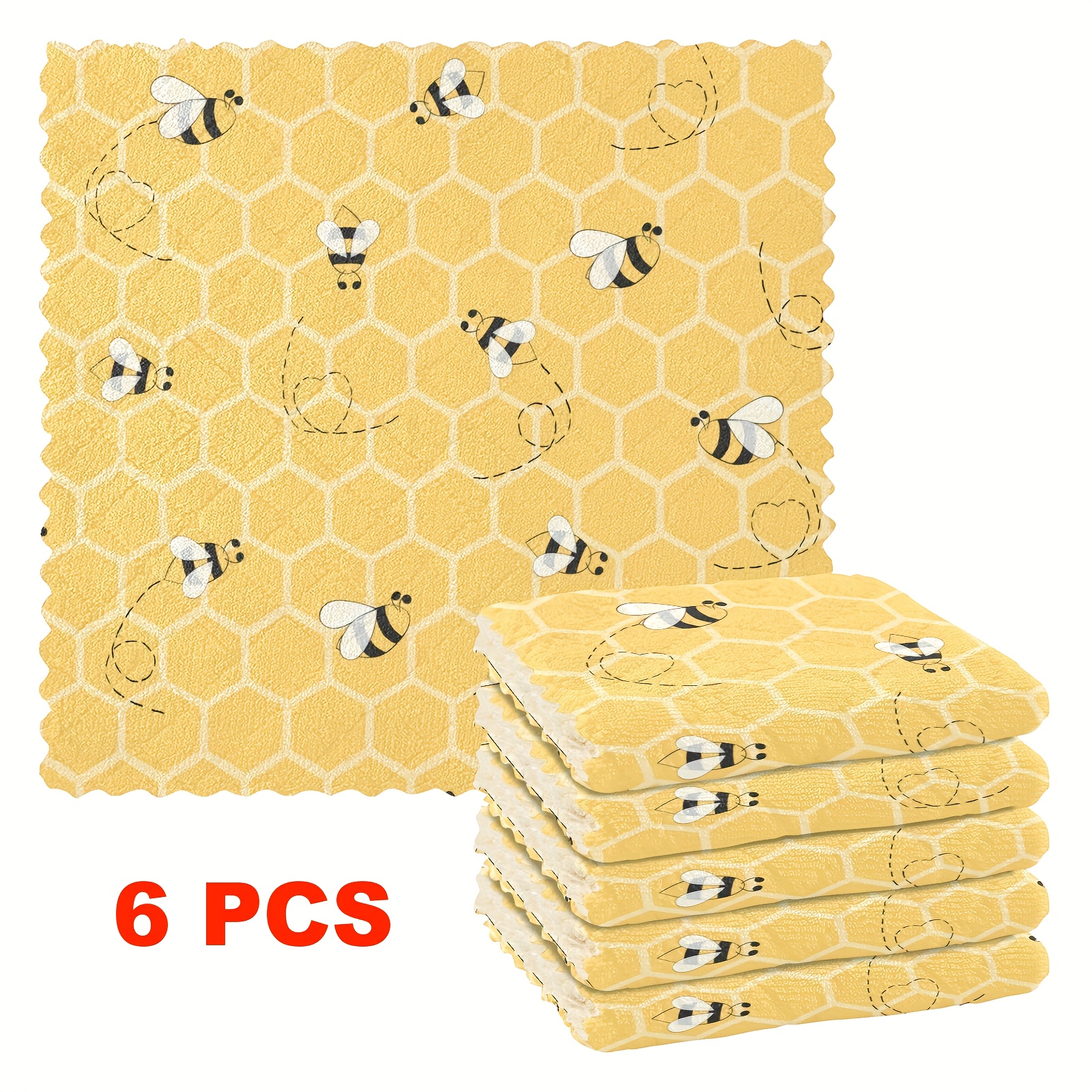 TEMU Set Of 3/6 Kitchen Dishcloths Featuring A Bee Pattern, Reusable Cleaning Cloths Made Of Microfiber, Absorbent And Easy To Clean, Thick And
