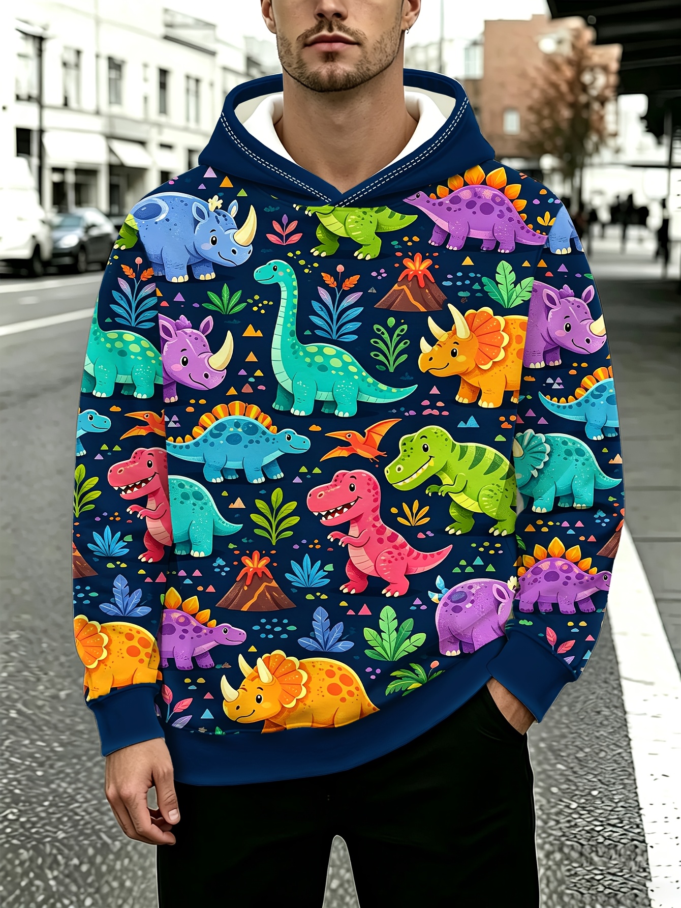 item picture cartoon dinosaur all   hooded sweatshirt with triceratops   and volcano patterns     and     jacket