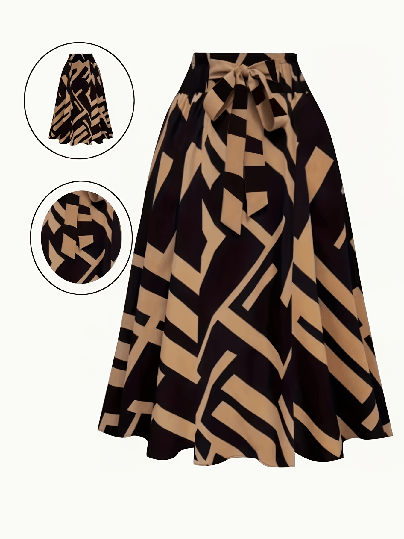 hot womens   block casual printed belt bow elegant versatile commuter style a line skirt half skirt
