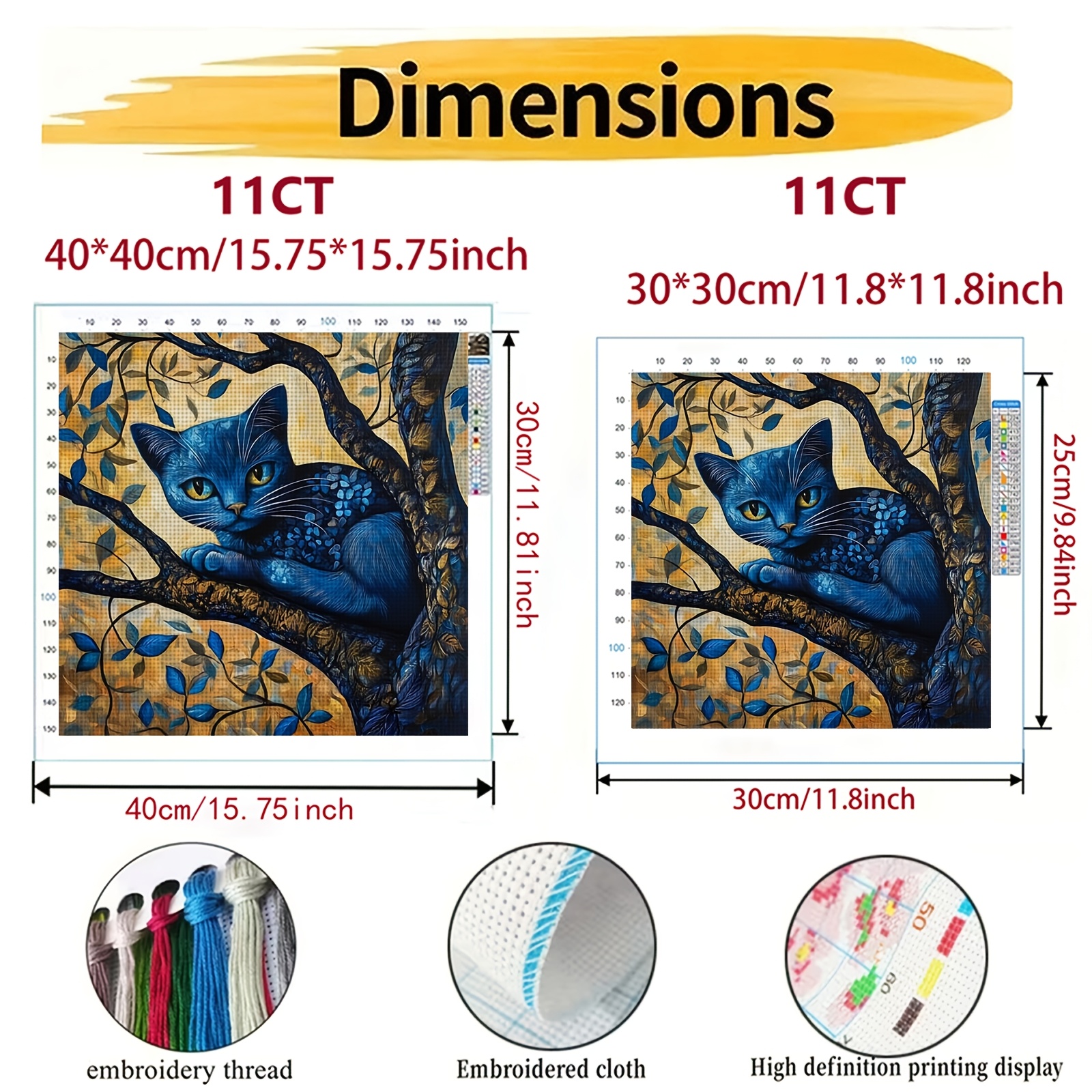 Cross-Stitch Printing Kit, Blue Cat on a Branch Design