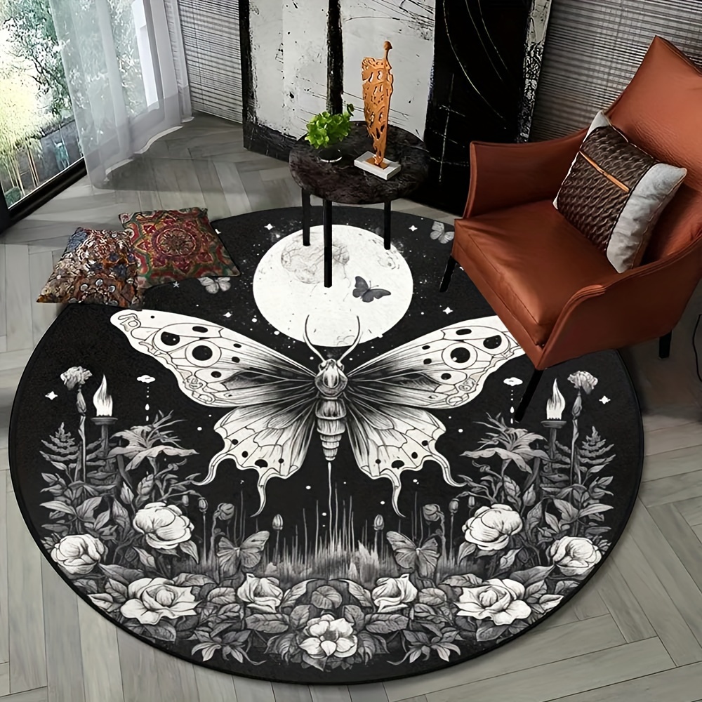 

800g/m2 Crystal Velvet Rose Flower Gothic Butterfly Round Rug Moon Moth Pattern Carpets For Livingroom Bedroom Sofa Chair Floor Mats Home Decor Non-slip Area Rug