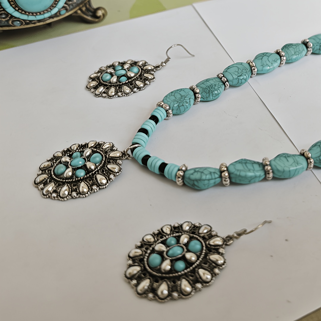 Vintage Ethnic Style Layered Necklace & Earring Set, Faux Turquoise