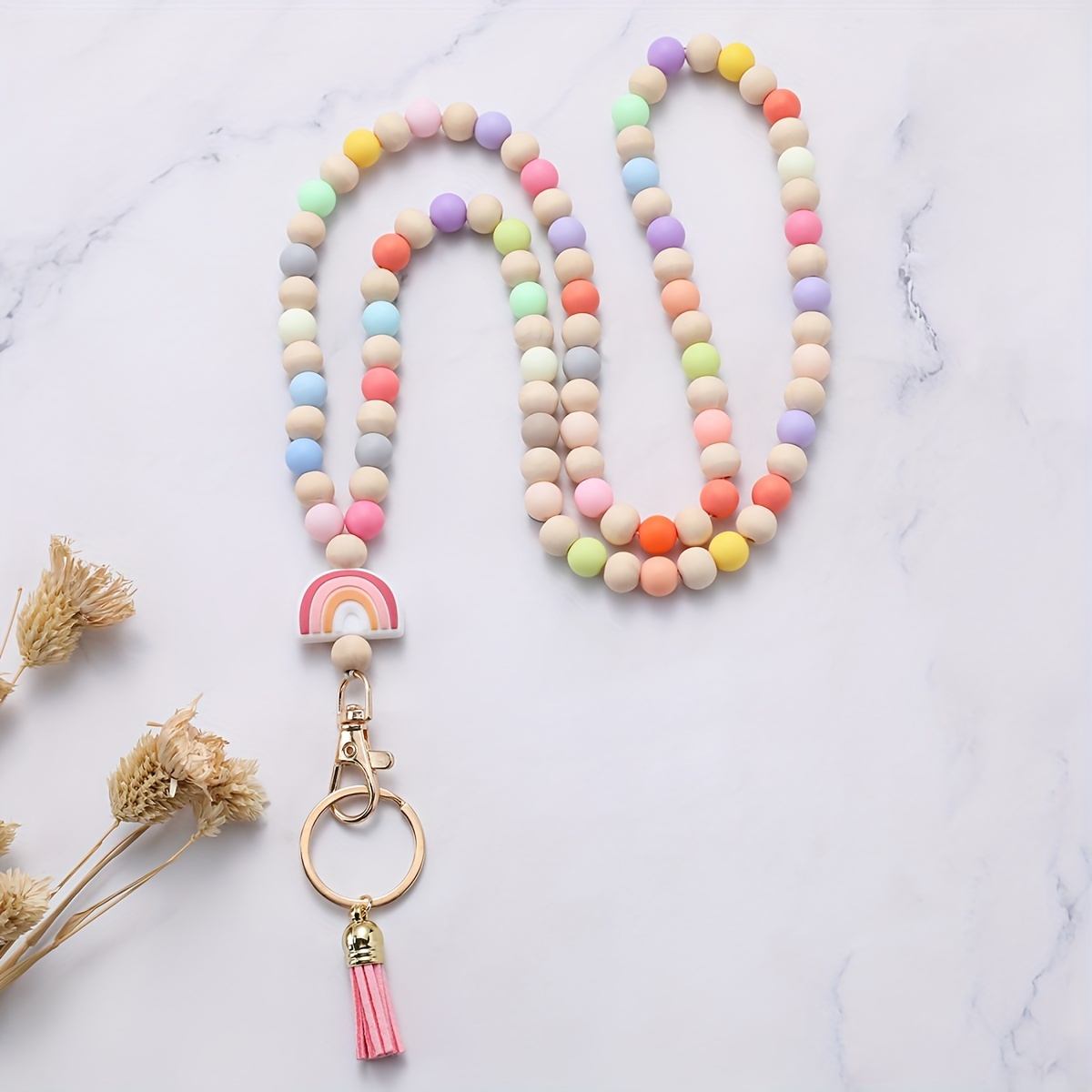 1pc Wooden Bead Keychain Necklace With Colorful Tassels – Stylish Multicolor Lanyard For Keys, Badges, And Ids – Pastel Beads & Metallic Clasp – Perfect For Office Or Everyday Use