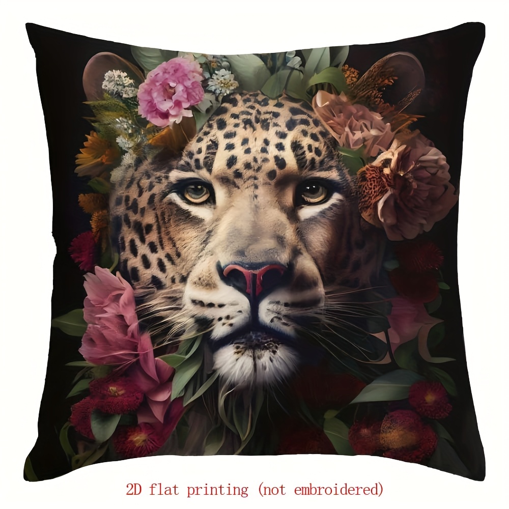 TEMU 1pc Single-sided Printed Short Plush Pillowcase, Glossy Leopard Print Crown Single-sided Printed Pillowcase, 45.72 X 45.72cm, Suitable For Home