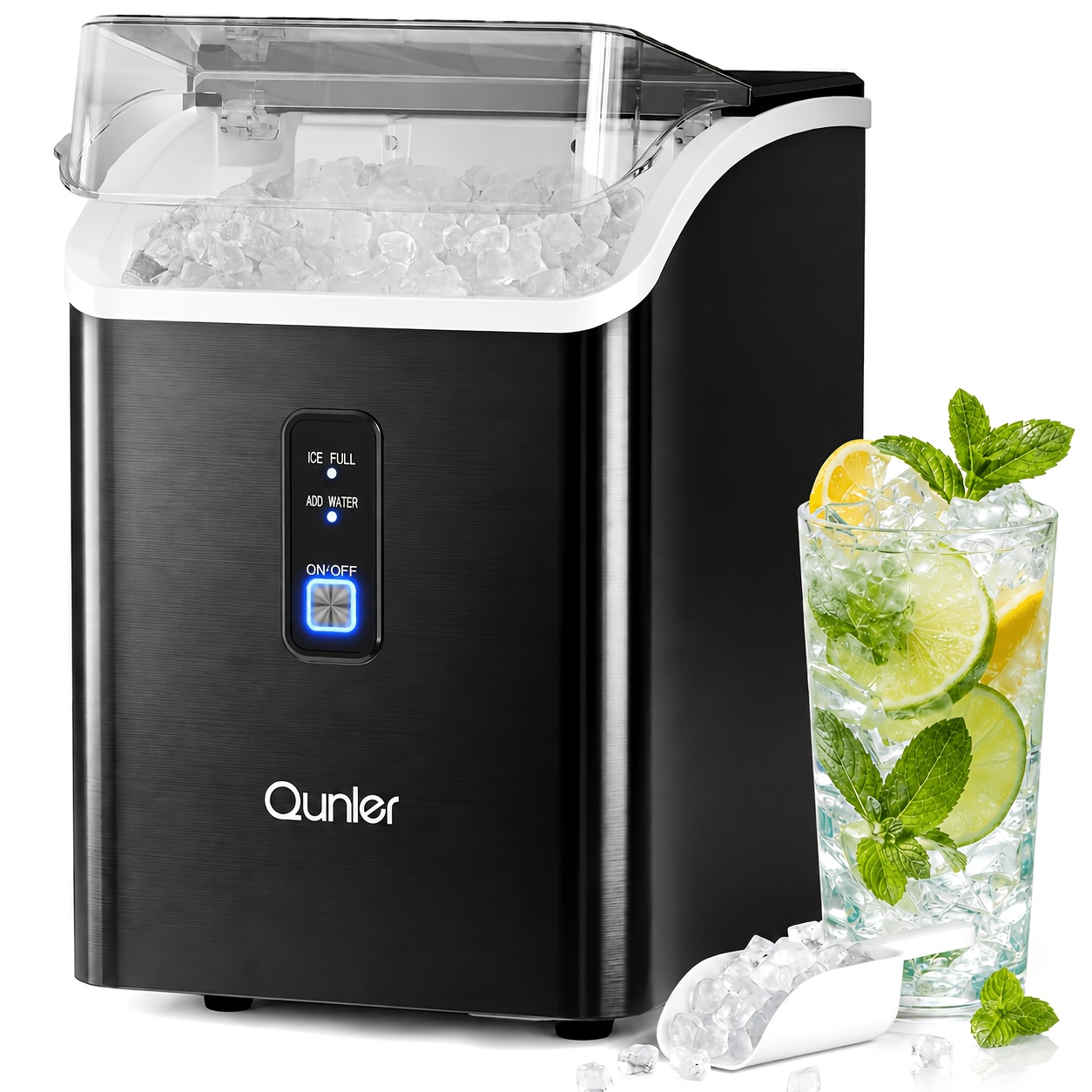 TEMU Countertop Ice Maker, Qunler 33 Lbs/day Self-cleaning Soft Chewable Pellet Ice Machine With Ice Scoop & Ice Basket For Iced Coffee, Soda, Tea,
