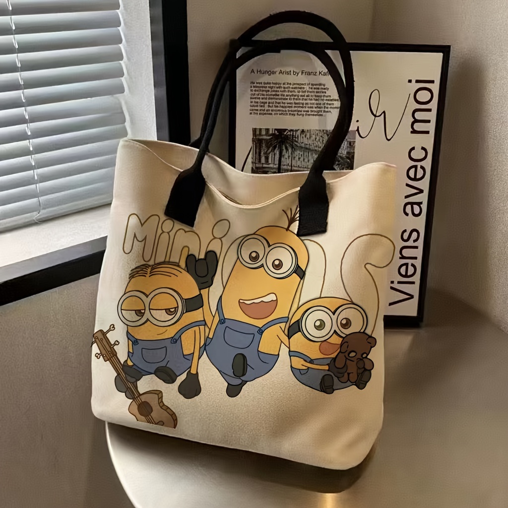 

1pc Minions Cartoon Print Canvas Tote Bag For Women, With Fixed Shoulder Straps, Zipper Closure, Hand Washable - Versatile Shoulder Bag For Travel & Daily Use