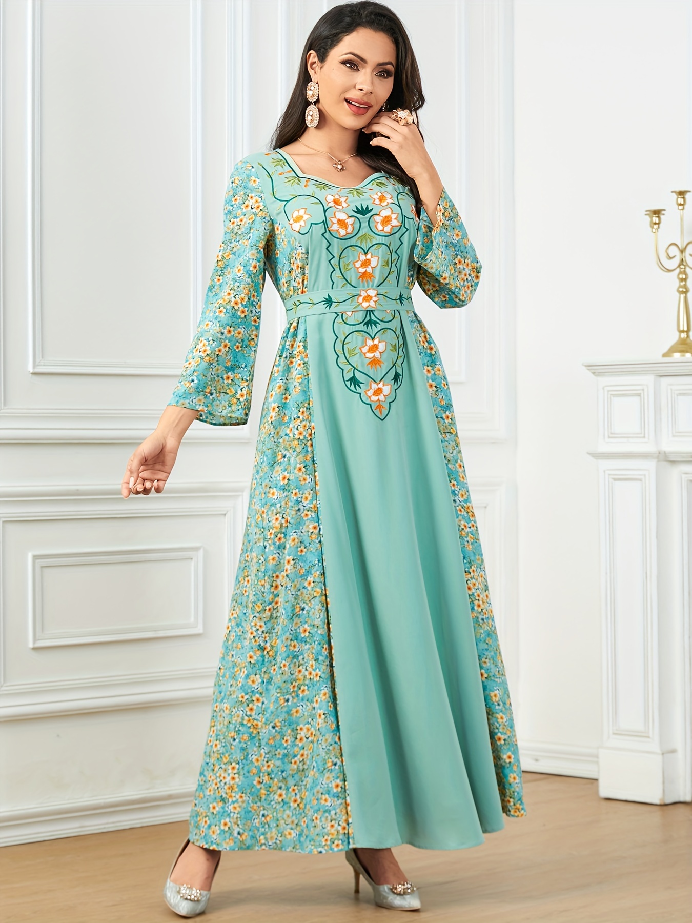 green emerald velvet dress Aphrodite Long Sleeve Embroidered Dress White main image 0