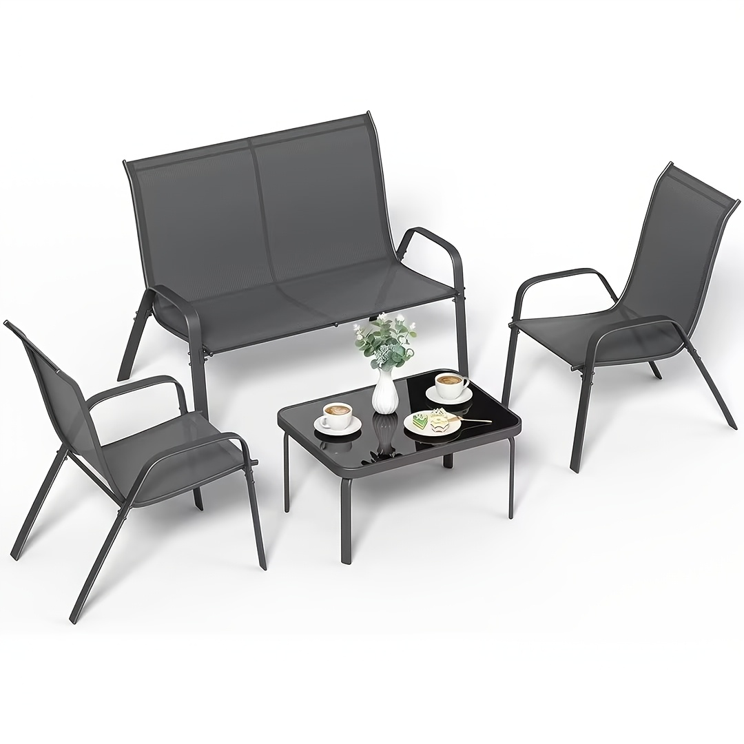 Image of 4pcs Garden Furniture Set For , Outdoor Seating Group With 1 Garden Bench, 2 Chairs & 1 Glass Table, Courtyard Sofa Set, Modern Lounge Balcony Furniture For Small &