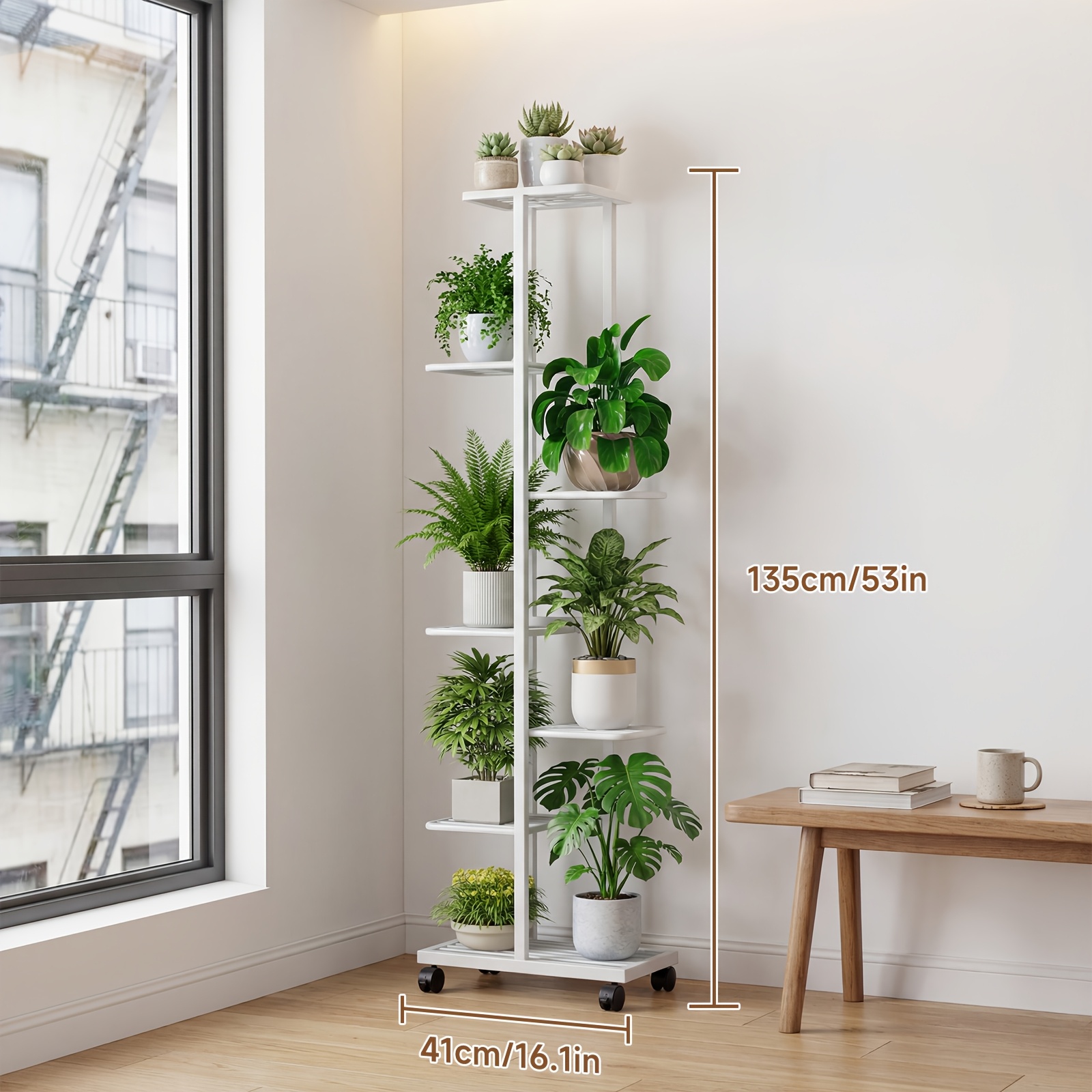 Multi Tier Metal Storage Bookshelf With Wheels | Mobile Organizer Rack With Sturdy Base, Space For Living Room, Study, Office, Freestanding