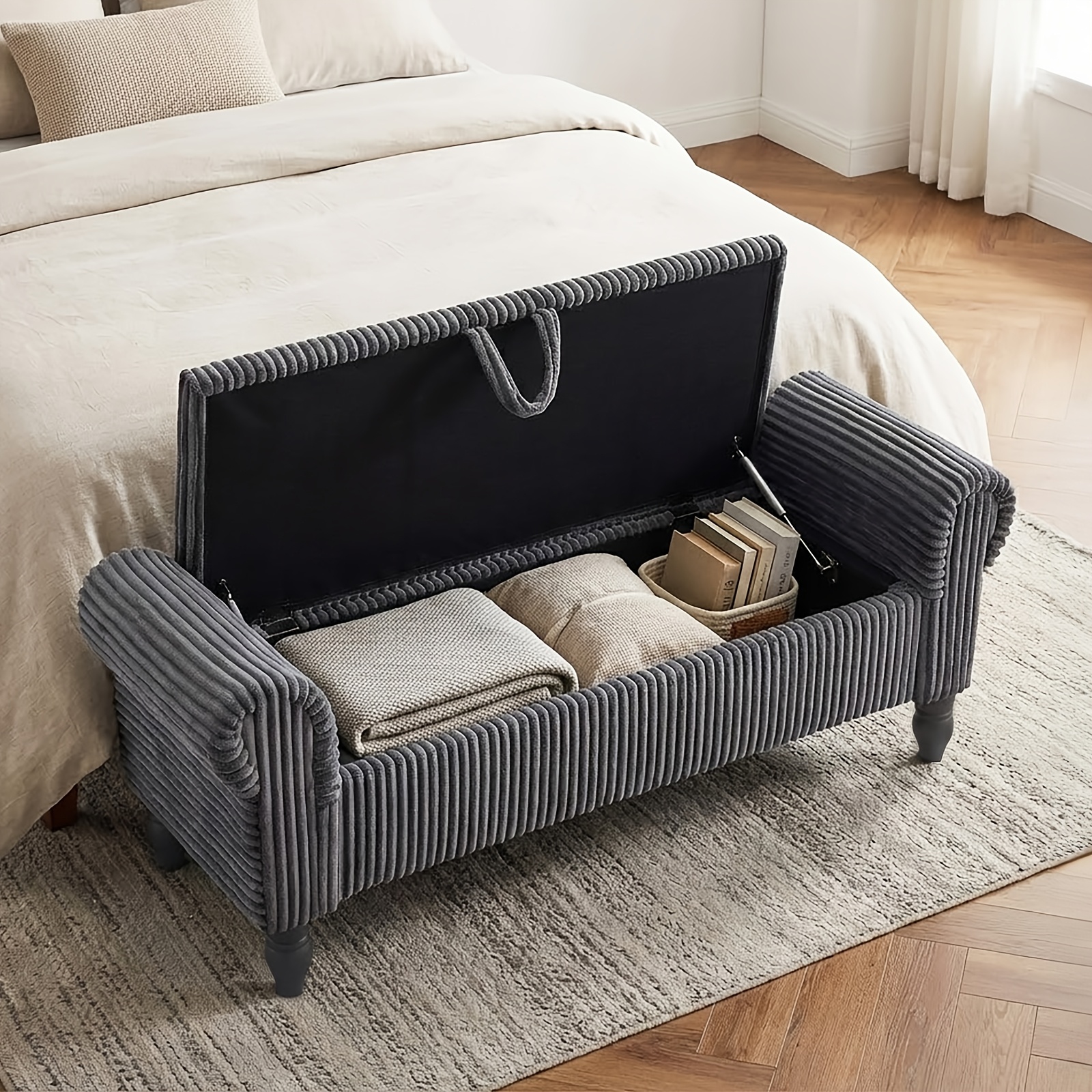 ATOMHAUS Upholstered Storage Bench for Bedroom End Of Bed Rolled Armed Corduroy Linen Fabric Ottoman Couch Long Bench Window Sitting Fireplace Toy Storage Bench Living Room Furniture