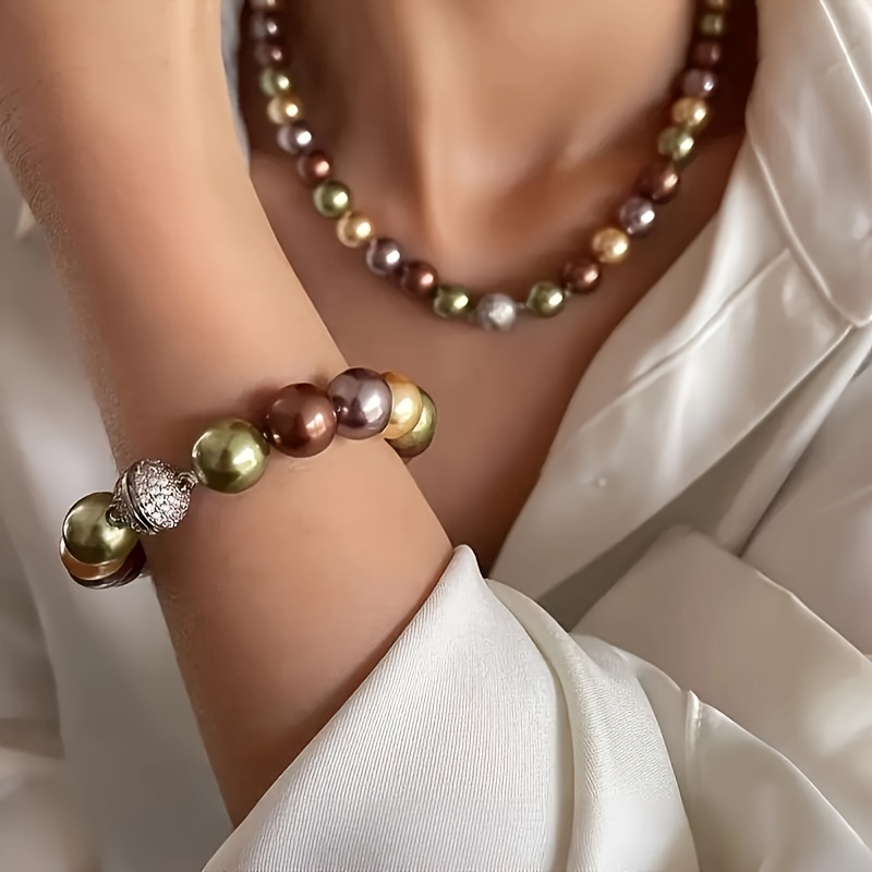 TEMU Vintage 10mm Multicolor Beads & Freshwater Jewelry Set - 2pcs Necklace & Bracelet Set For Everyday Layered Jewelry, Mother&;s Day, Easter Gifts,