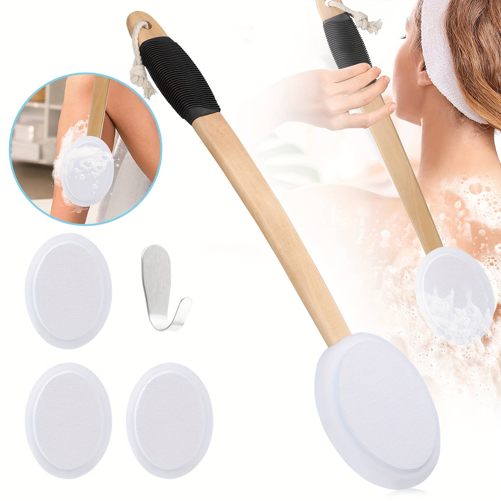 TEMU Long Handle Lotion Applicator, Back Body Bath Brush, With Replacement Pads & Hook, For Moisturizer, Sunscreen & Tanner