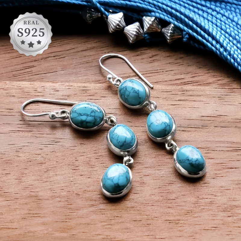 TEMU Vintage S925 Silver Turquoise Linear Pendant Earrings With Natural Texture And Anti Allergy Main Stone, Suitable For , Party, Christmas,