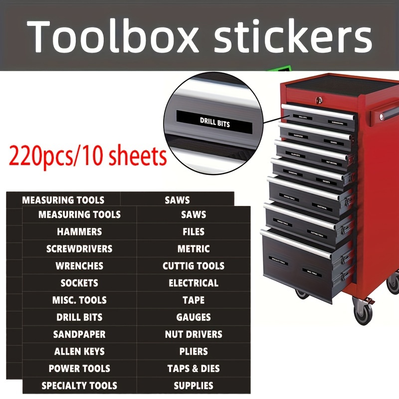 

220pcs Toolbox Sticker Labels Set For Organizing Tools - 10 Sheets Of Water-resistant, Pre-cut Decals For Workshop Organization, Easy Identification With Durable Paper Material