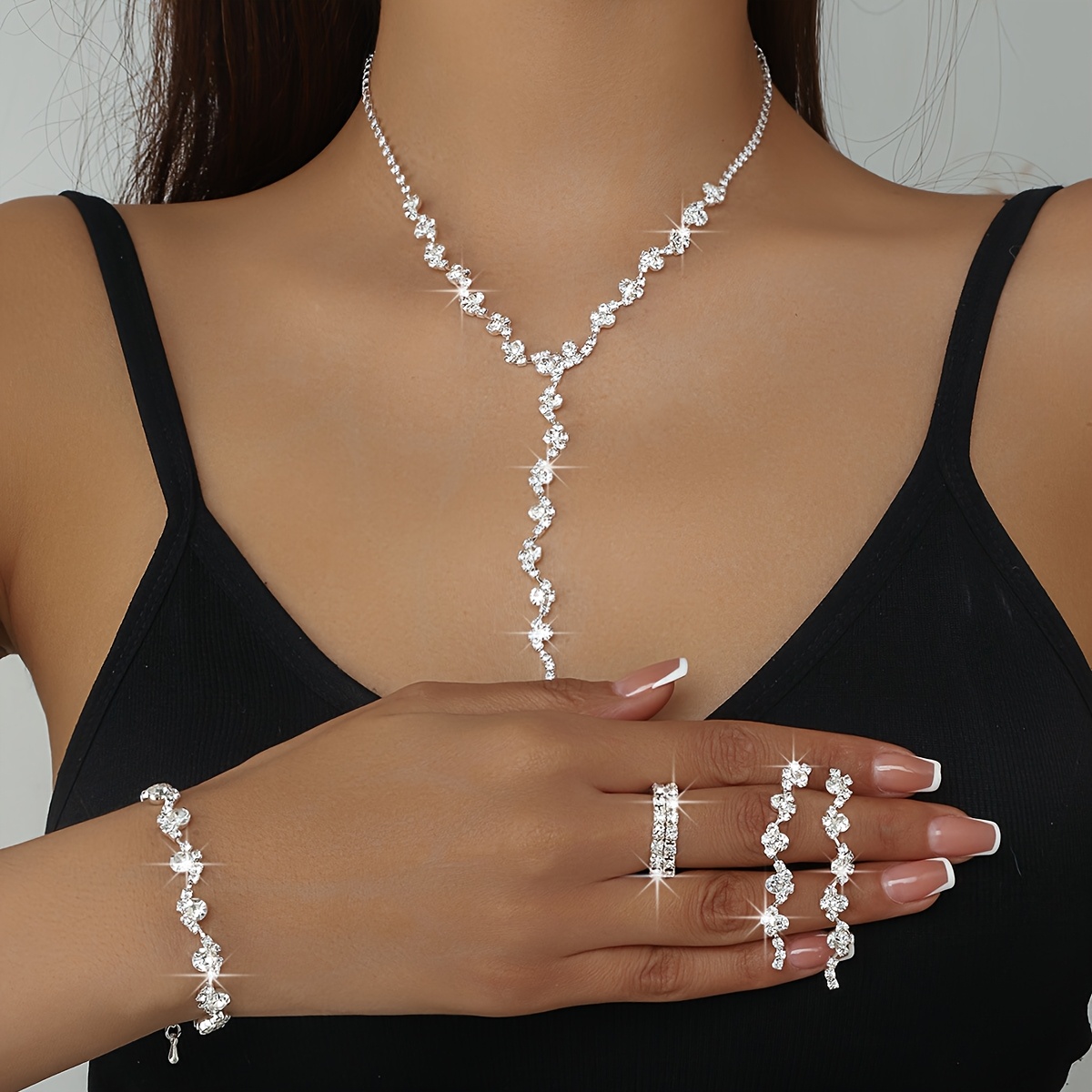 Image of Luxury Exquisite Rhinestone Footprint Necklace Earrings Ring 4pcs Set Bridal Wedding Jewelry