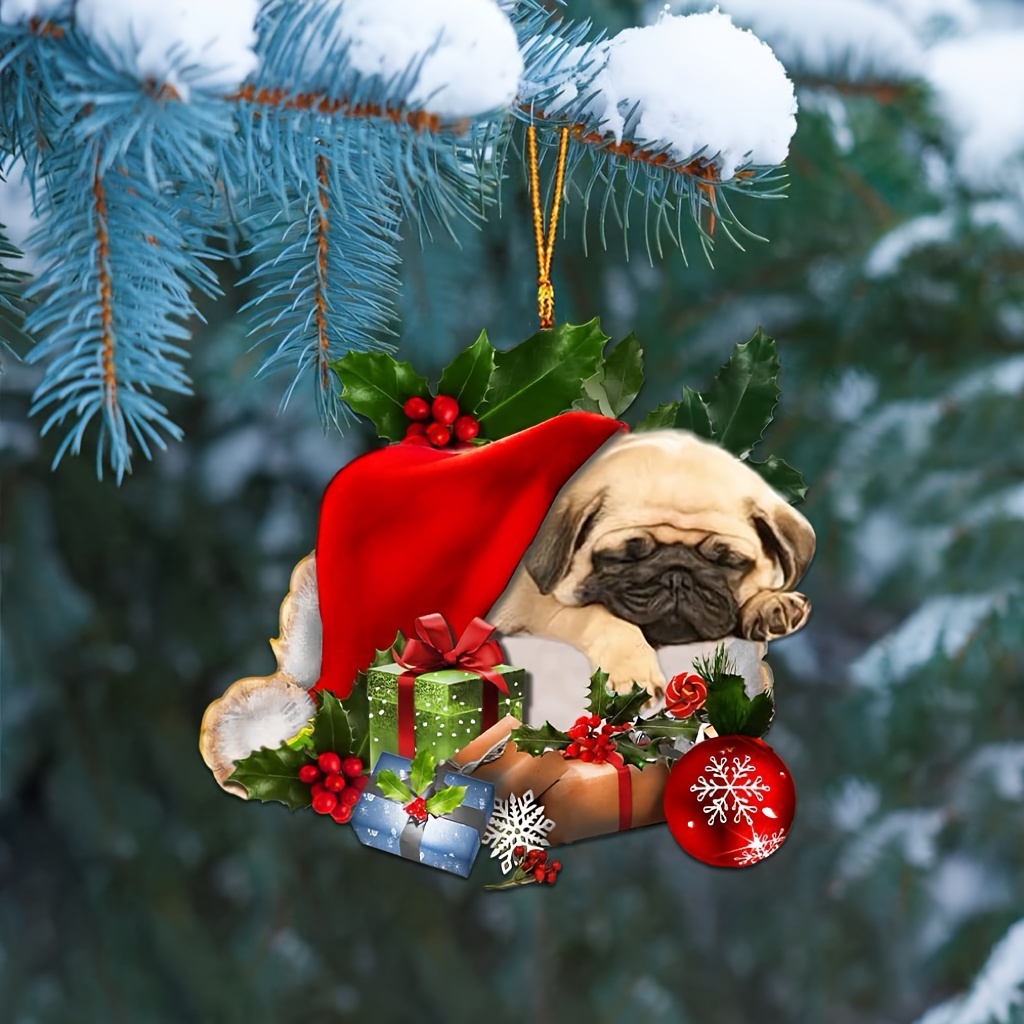 

Holiday , Sleeping Pug Acrylic Ornament - Ideal For Christmas & Holiday Decor, Easy-hang 2d Tree Charm