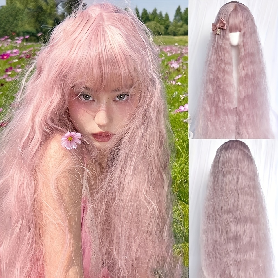TEMU 1-meter Long Women's Wig, Light Pink Cornrow Perm Long Curly Hair, Korean , Suitable For Holidays, Parties, Daily Photos, Dates, L Use, ,