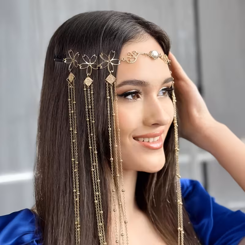 1pc fashionable and elegant chain tassel headband bohemian style hair chain with crystals suitable for halloween costumes and fairy role playing Product details 1