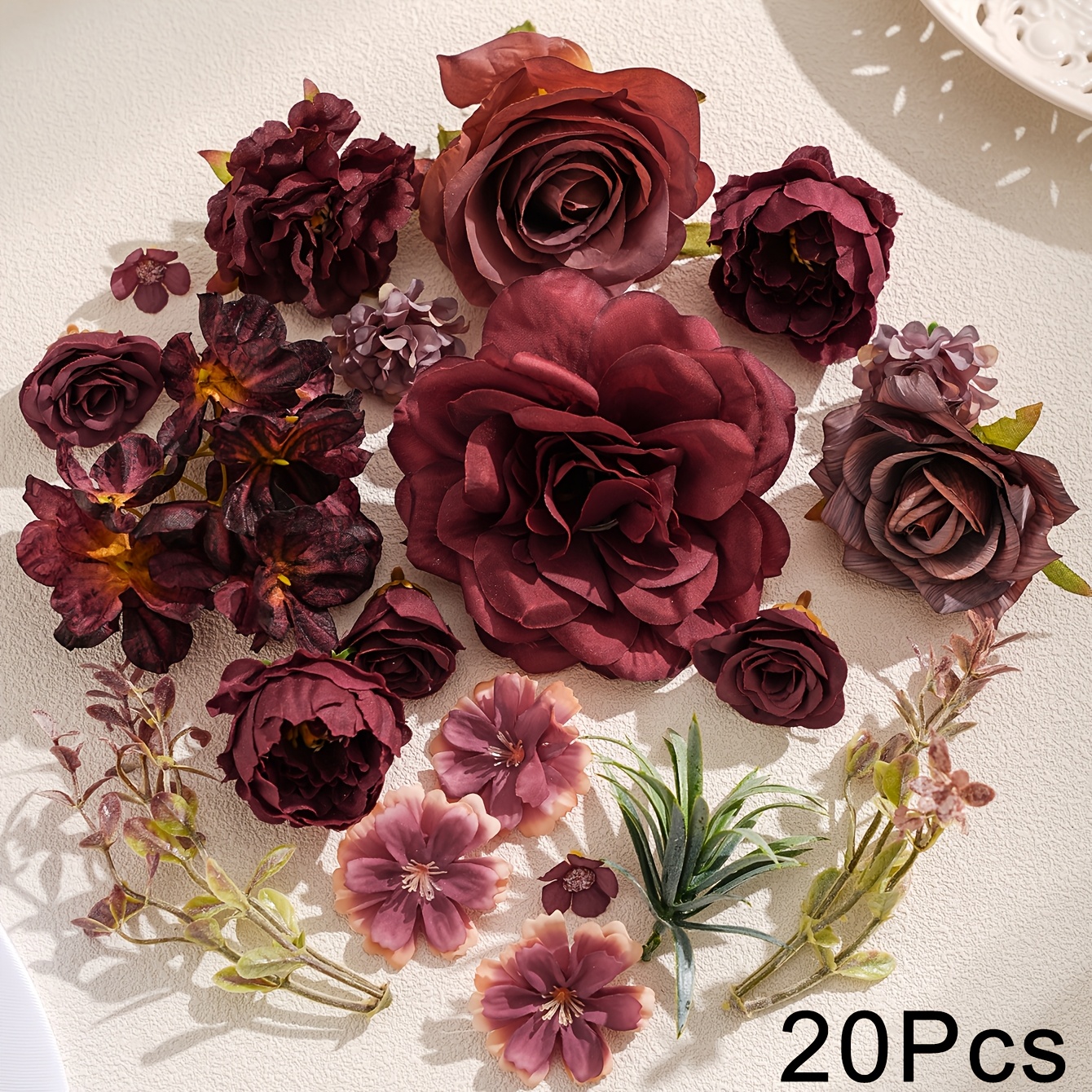 TEMU 20pcs Pcs Wine Red Artificial Flowers - Realistic Roses & Bouquet Suitable For Weddings, Arrangements, Bridal Bouquets,, Christmas, Valentine',