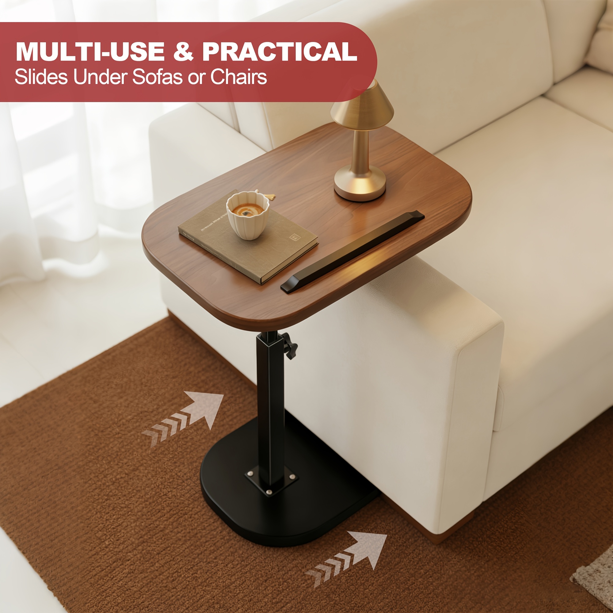 TEMU Table d'appoint moderne de C, bureau de chevet réglable en hauteur pour ordinateur portable, table de plateau pivotante à 360° coulissante sous