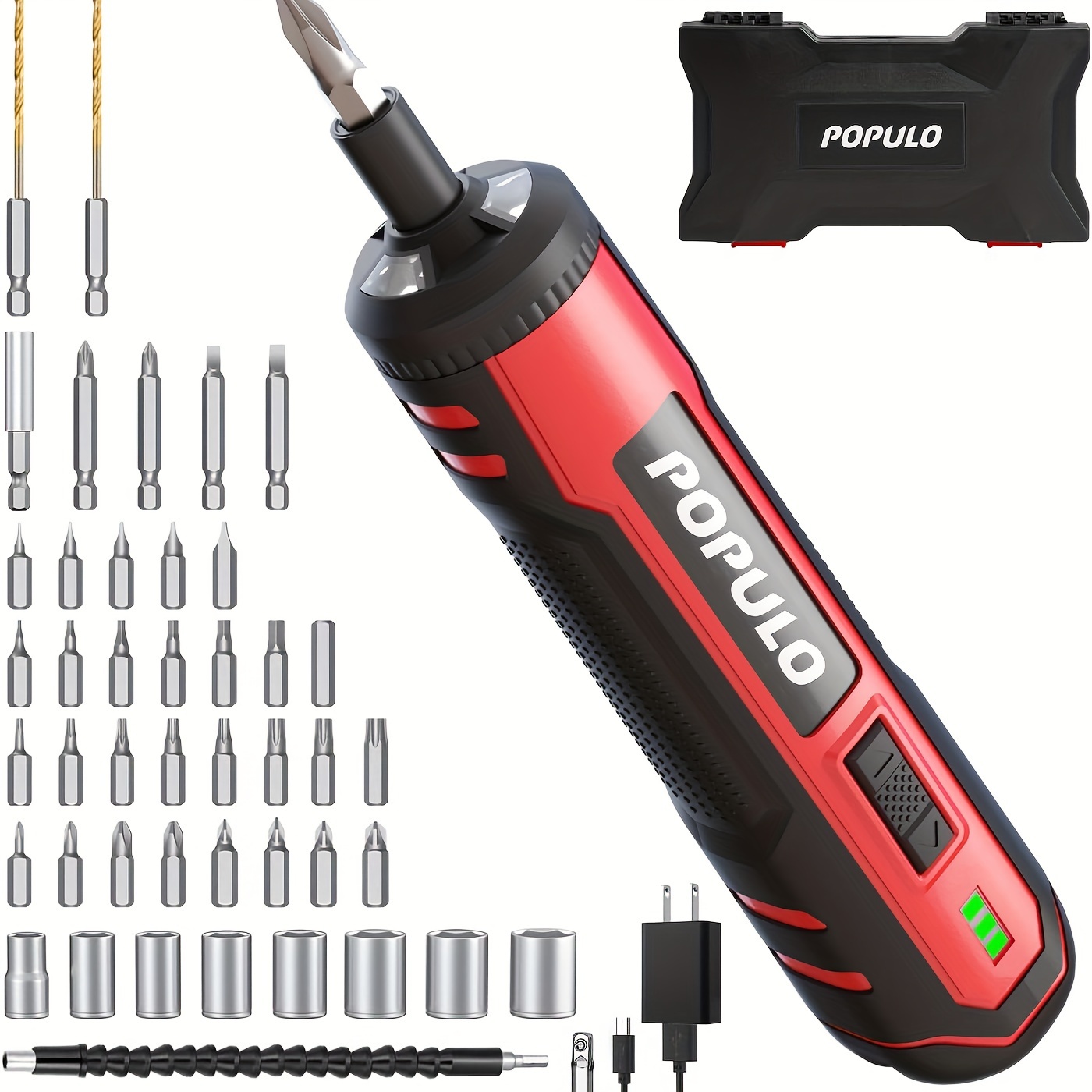 

Populo 4v Electric Screwdriver Kit, 6 Torque Settings, Driver Cordless Rechargeable With Led Work Light, 32 Pieces Screwdriver Bits, 8 Sockets, Flex Hex Shaft, Bit Holders And Storage Box