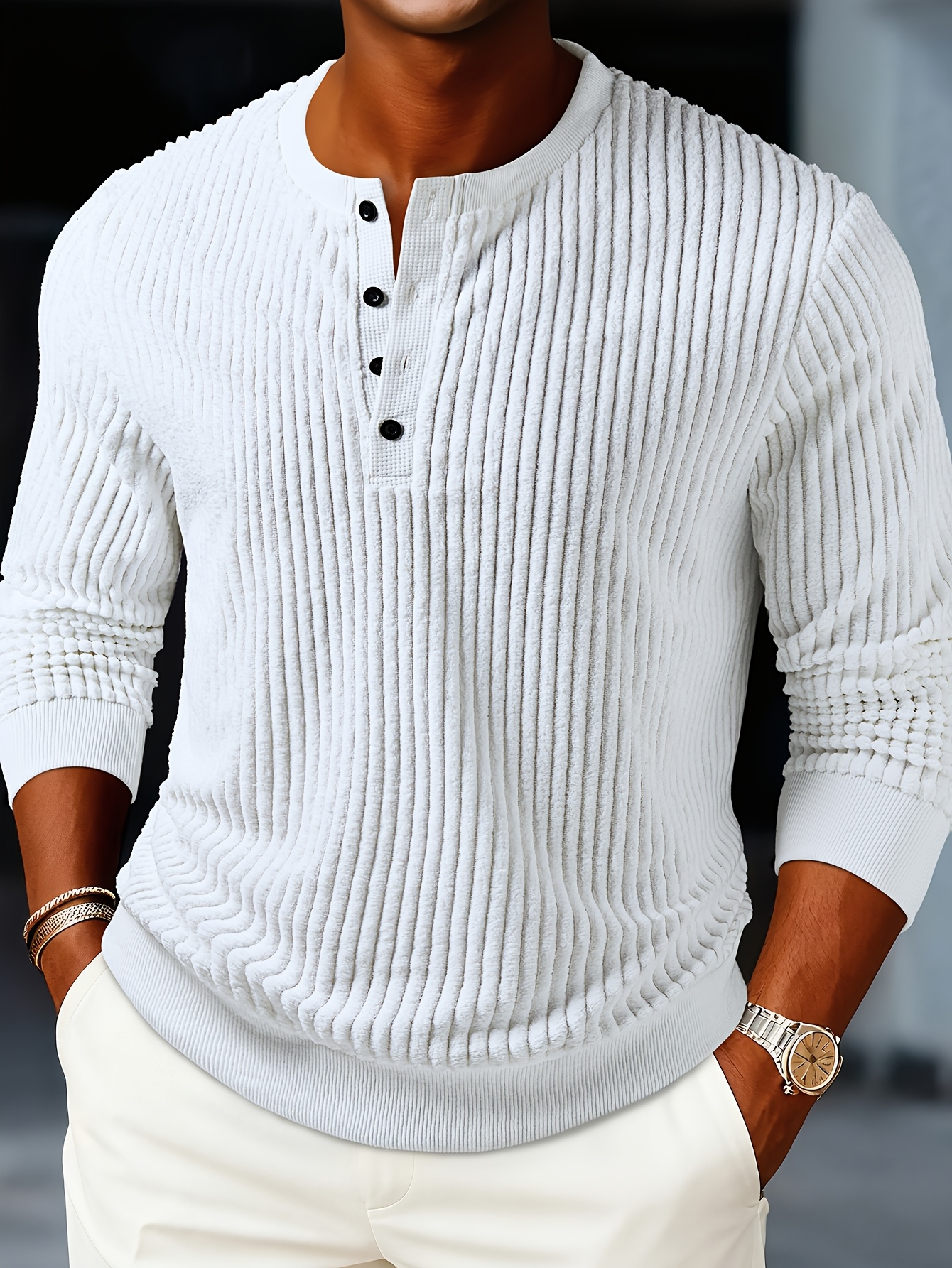 [ROYALBOY] Presents a New Spring Collection Featuring a Stylish And Casual Long-Sleeve Henley Shirt for Men. It Has a Half-Button Placket And a Vintage Button Design