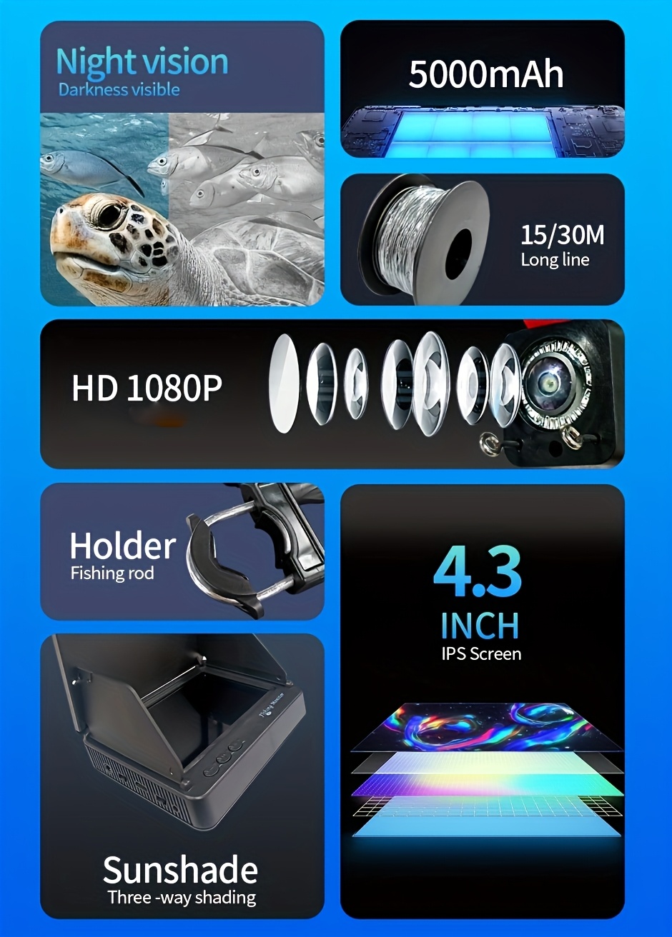 1pc HD žvejybos monitorius su 4,3 colių ekranu, 30m po vandeniu rodomas, nakties režimas, maitinamas litių polimero baterija, nešiojamas ankerio žvejybos monitorius su kamera