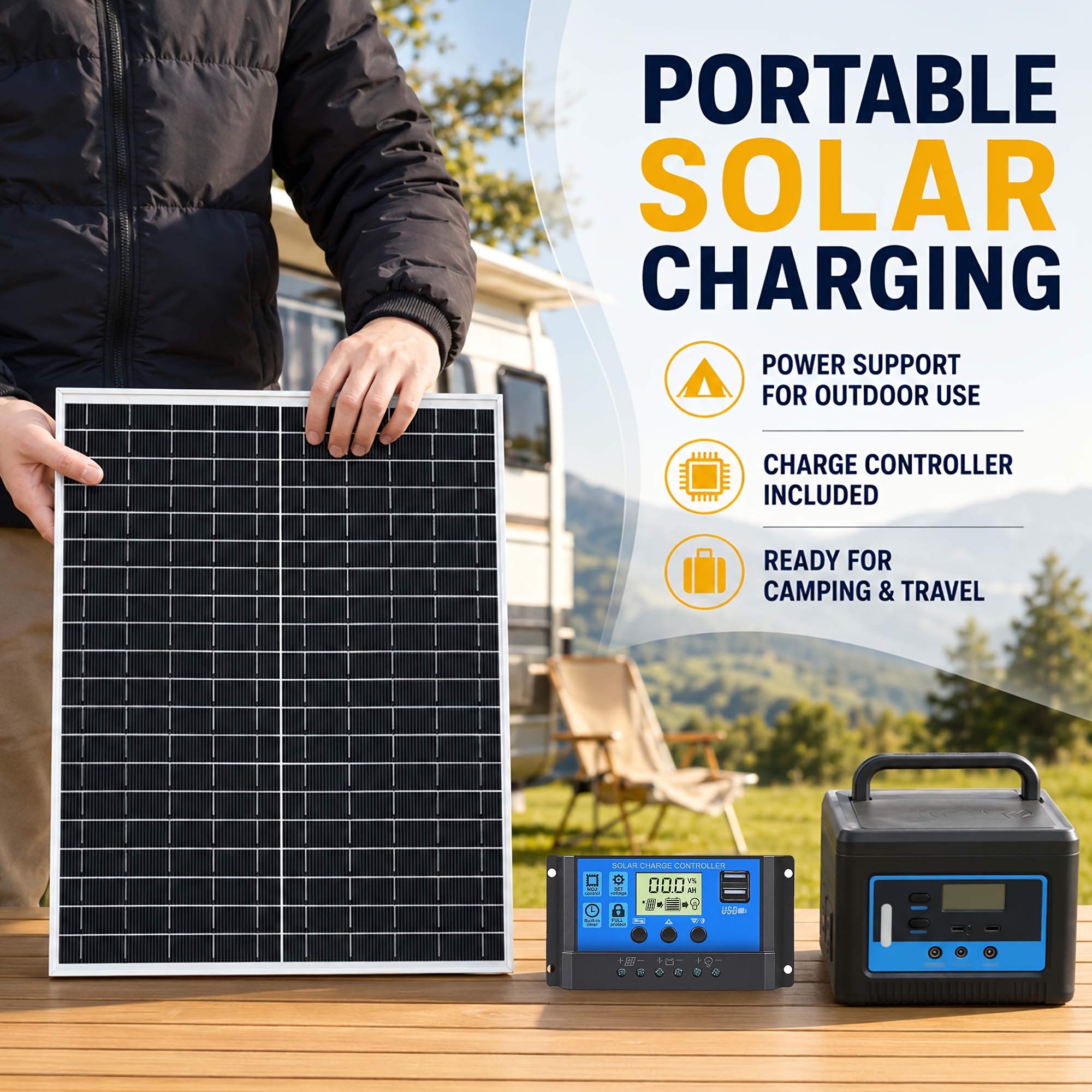 1pc Portable Solar Panel, 12V Photovoltaic Solar Panel, Solar Power Supply System Kit, Household Photovoltaic Power Generation System. Suitable for Universal Charging, Powering Mobile Phones, RVs, Street Lighting, Pet Shelters. Durable Outdoor Solar