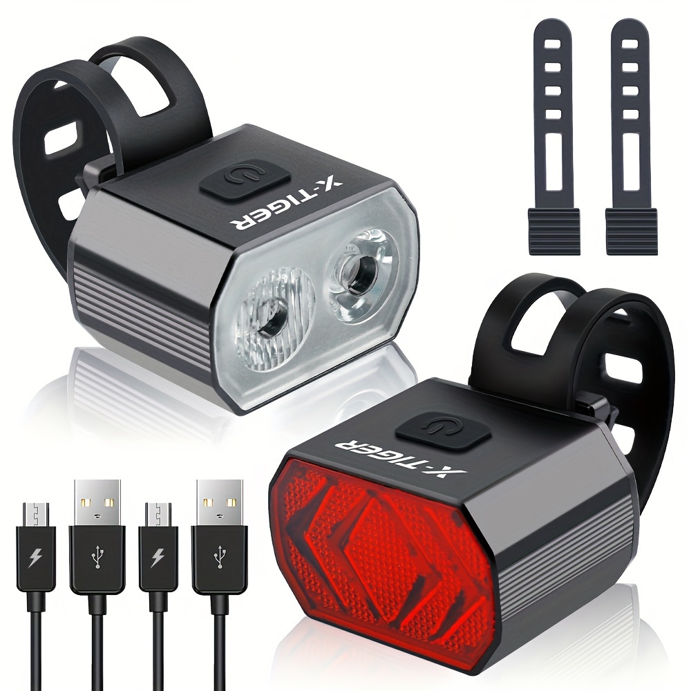 

X1tech 2-piece Bike Light Set, Usb Type-c Rechargeable Front Headlight Dual T6 Beads & Tail Lamp With 16 Red Leds, 6 Lighting Modes With Memory Function