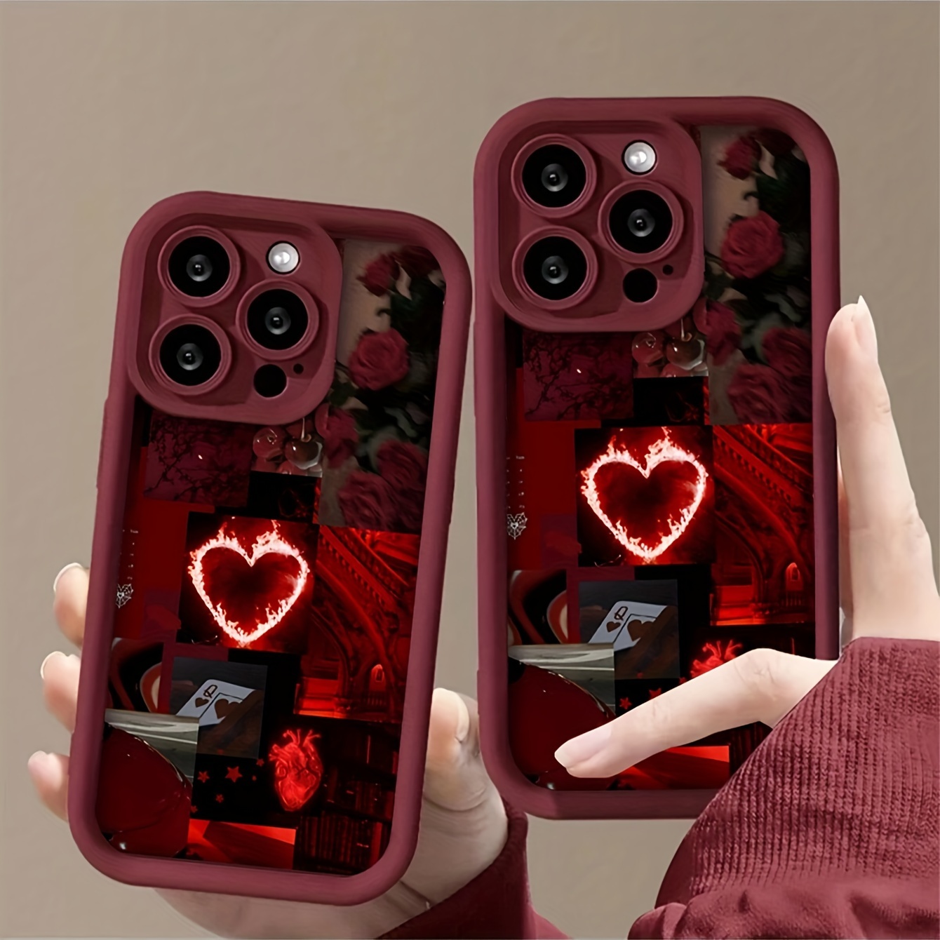 

1pc Coque de Téléphone Étanche et Antichoc en TPU Souple avec Motif Cœur de Fille et Bloc de Couleur Esthétique Bordeaux pour iPhone