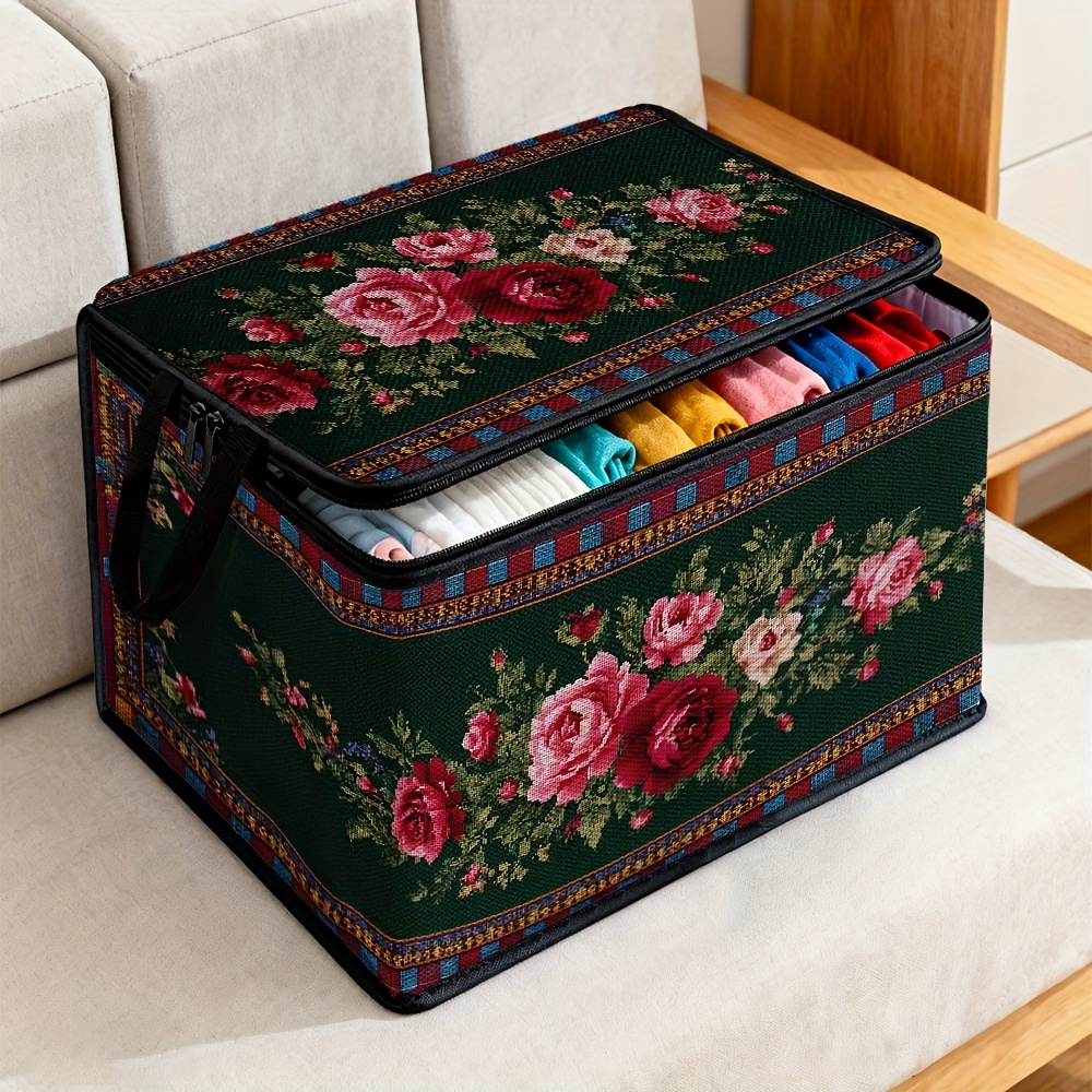 item picture 1pc storage box with lid vintage floral carpet pattern large capacity multifunctional basket suitable for office supplies organization and bathroom storage for lid design   seasonal decorative storage for box practical and convenient