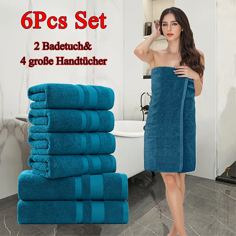 6-teiliges Set, 4 große Handtücher und 2 Badetücher, 500 GSM, einfarbige Baumwolltücher, verschiedene Farboptionen, gute Wasseraufnahme, vielseitig einsetzbar, für Fitnessstudio, Badezimmer, Dusche,