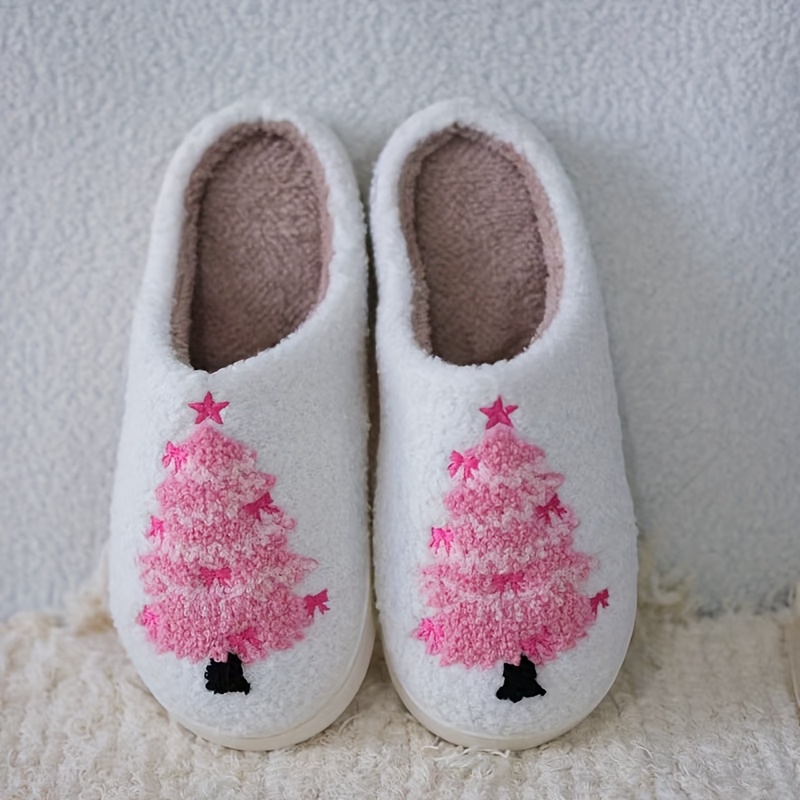 cozy pink christmas tree plush slippers embroidered stars - Temu United Kingdom
